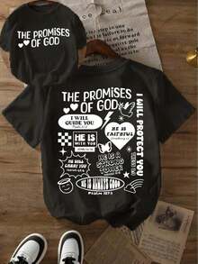 GOD'S PROMISES Fashionable Short Sleeve T-Shirt With Double-Sided Print, Casual Round Neck, Women's Clothing. Fashion Items. Best Selling Item. Casual Blouses For Ladies. Latest Style. Casual Style. Sportswear. Y2K Style, Round Neck, 100% Cotton, Soft Fabric, Short Sleeve. - 黑色 - 查看 7