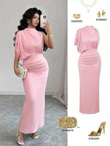 Vestido ajustado y acampanado sin mangas con cuello fruncido en color borgoña, para primavera/verano - Rosa - Ver 4