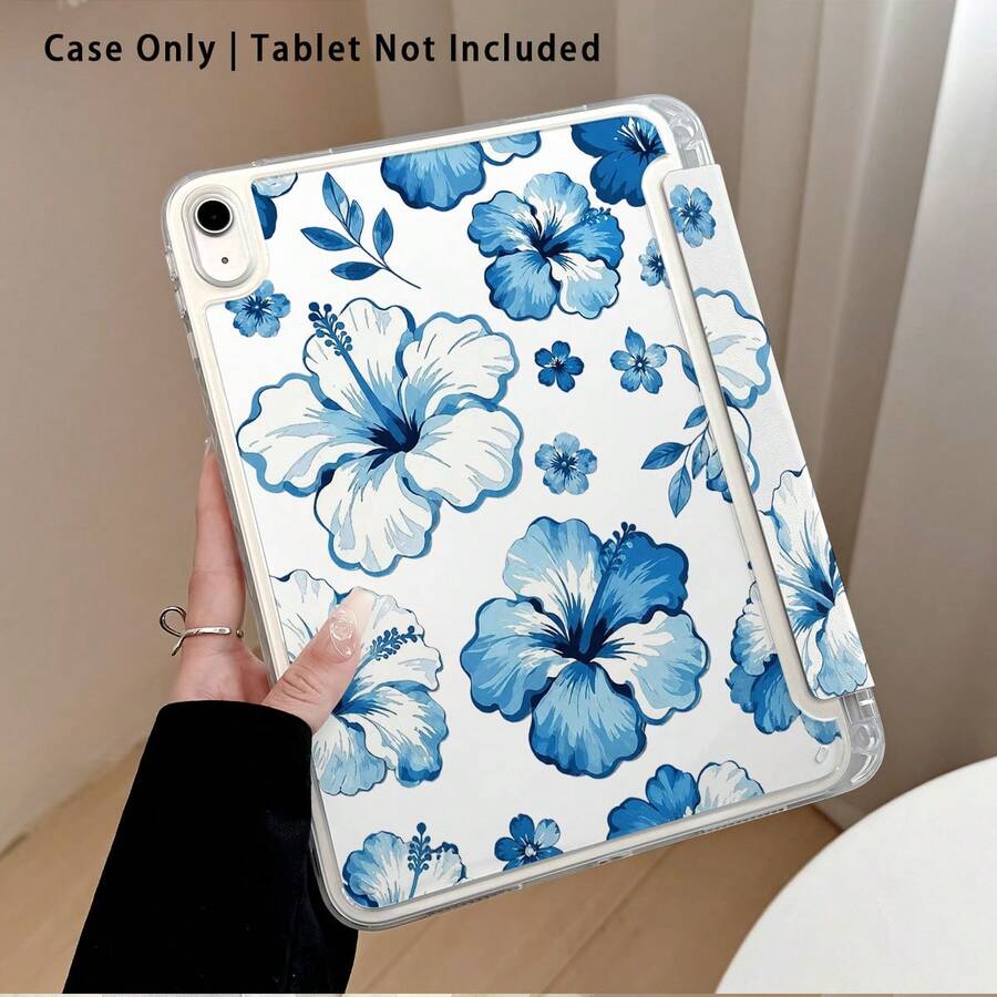 Ice Blue Five-Petal Flower Pattern Painted Effect Acrylic Crystal Tablet Protective Case, Compatible With Samsung/Apple///Honor/// Popular Tablet Models, With Stand, Foldable Anti-Bend, Silicone Reinforced Corners, Auto Wake/Sleep Function, Built-In Pen Slot, Multi-Angle Foldable Stand - Style 8 - View 1