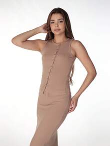 2pcs Women's Solid Color Simple Daily Sleeveless Top And Skirt Set Summer Elegant - Khaki - View 6