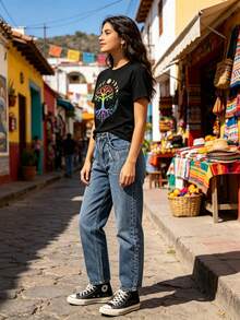Women's Short-Sleeved, Crew-Neck T-Shirt With A Symbolic Tree Print. This Casual Summer Style Is Perfect For Everyday Wear, Allowing You To Easily Create A Relaxed Look And Express Your Individual Style. Casual T-Shirts For Women, Basic T-Shirts For Women, Polyester T-Shirts For Women, Loose-Fitting T-Shirts, Fun Minimalist T-Shirts, Letter T-Shirts For Women, Printed T-Shirts, Limited-Time Offers, New Arrivals Promotions, New Seasonal Arrivals, Limited-Time Offers, T-Shirts, Commemorative T-Shirts, Fun T-Shirts, Bohemian Style - 黑色 - 查看 2