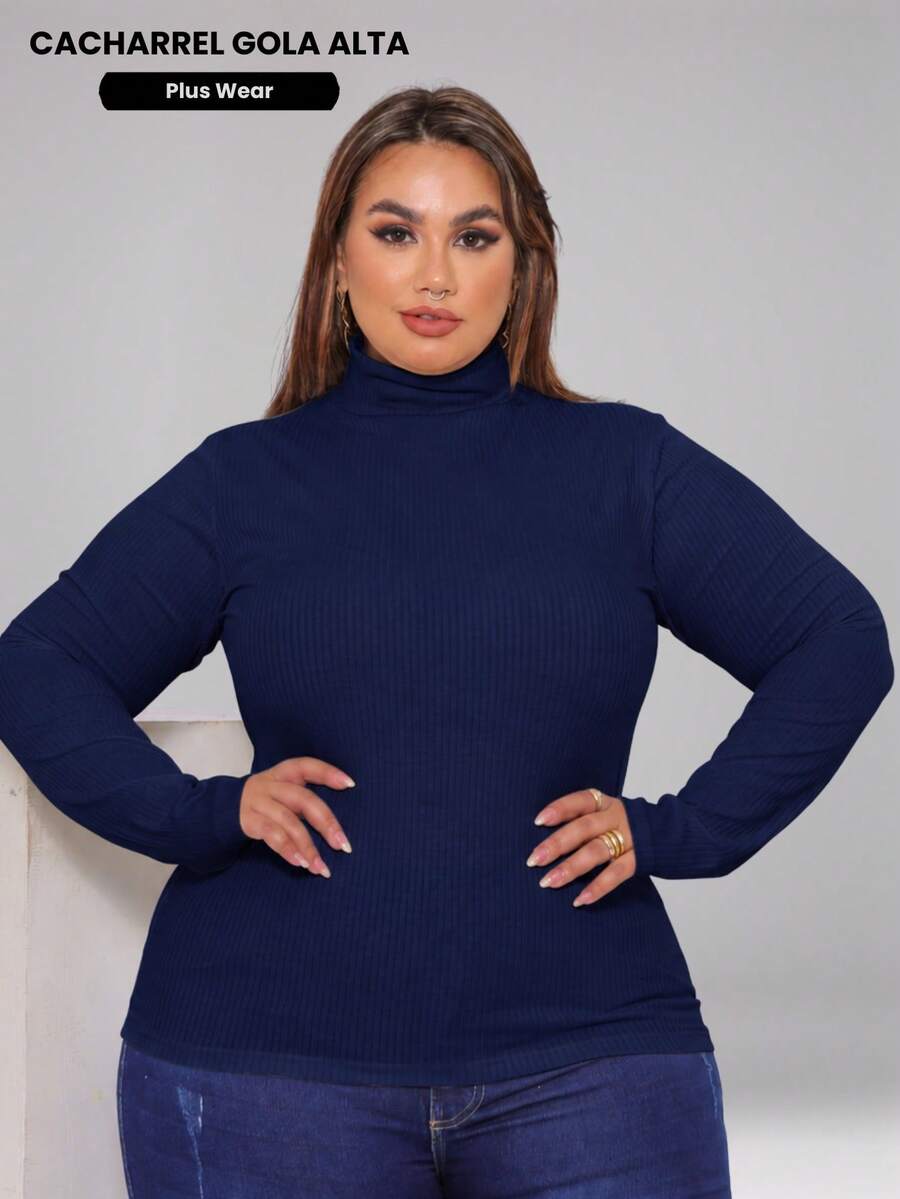 Women's Plus Size Long Sleeve Turtleneck Blouse, Ribbed Knit, Winter Sweater - Azul Marino - Ver 1