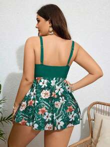 Swim Lushoire Bañador tipo tankini con diseño cruzado y estampado floral para tallas grandes, ideal para la playa en verano - Verde Oscuro - Ver 2