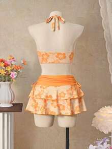 Bellisia Conjunto de 3 piezas con top de bikini triangular con cuello de halter naranja y falda a juego, para playa/resort - Multicolor 5 - Ver 2
