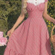 . .  MOD Vestido de manga corta con cuello de encaje y estampado de cuadros para mujer - Rojo y blanco - Ver 9
