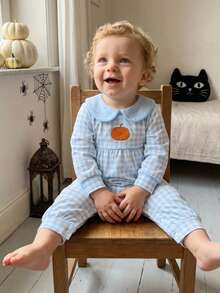 Mono de Halloween para bebé niño/niña, a cuadros, con calabaza bordada, manga larga, cuello de muñeca, mono burbuja, ropa infantil adorable para otoño. - Azul - Ver 5