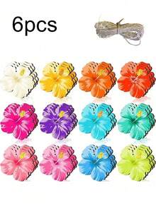 6/12pcs Spring Floral Bamboo Hanging Decor, DIY Craft, Tropical Flowers, Hawaiian Flowers, Party Decoration, Wreath Decor, Pre-Drilled With Rope, Suitable For Wall, Window Decoration, Summer Party Supplies - Multiple Styles - View 12