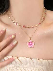 2pcs/Set Layered Crystal Flower Pendant Necklace Set, Fashion Jewelry For Women - Style 1 - View 2