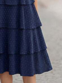 Vestido de mujer de unicolor con cuello redondo, mangas cortas con volantes en los puños y dobladillo con volantes, vestido de moda para vacaciones, primavera y verano - Azul marino - Ver 3