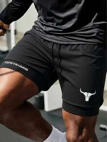 Men's Black Large Bull Letter Print Sports Outdoor Fitness Vacation Beach Shorts Summer - Black - View 5
