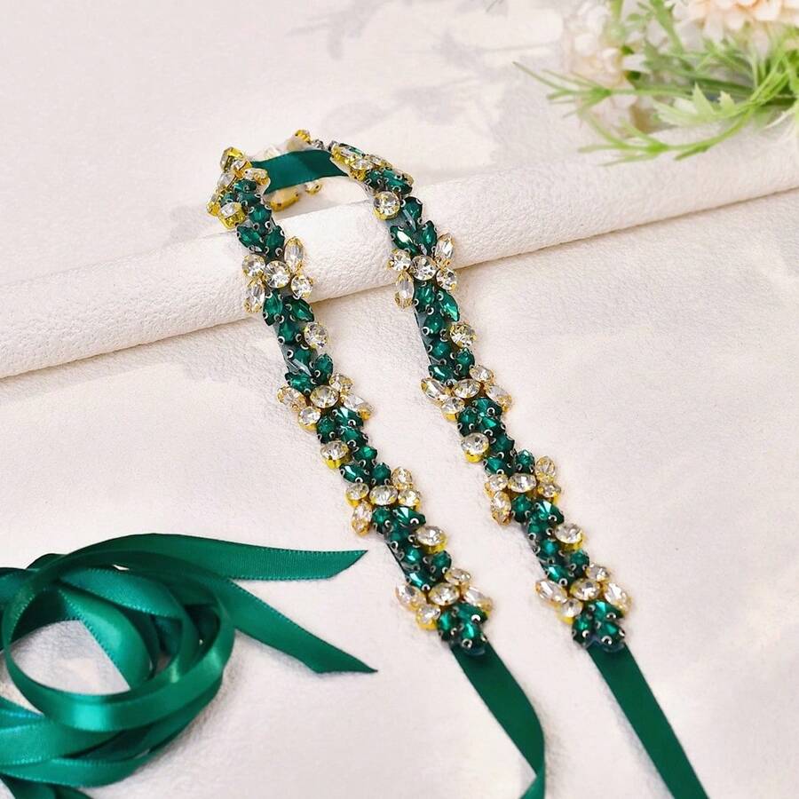 1 Thắt lưng dự tiệc cưới đính kim cương ngọc lục bảo lấp lánh, thắt lưng thời trang dự tiệc tối cho lễ hội Halloween và Giáng sinh. - Màu xanh lá cây đậm - Xem 1