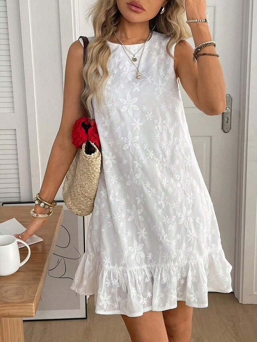 X GALILEA LUNE Vestido mini de mujer de cuello redondo sin mangas con volantes en el bajo, a rayas azul y blanco - Blanco - Ver 1
