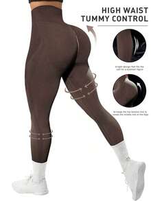 SUN Women's Seamless Sports Leggings, Fitted, For Yoga, Fitness And Outdoor Running - 咖啡棕 - 查看 12