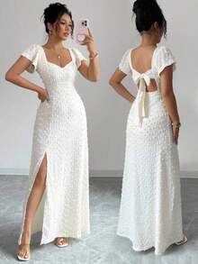 Vestido largo elegante y delgado de unicolor con espalda descubierta, lazo y mangas de loto con abertura alta, para vacaciones y citas en primavera/verano - Albaricoque - Ver 12