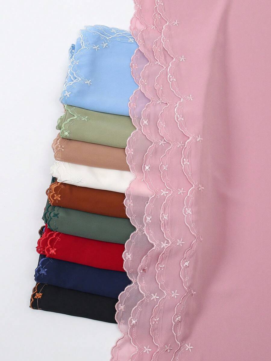 1 peça Hijab feminino elegante com bordado de flor ondulada, lenço de chiffon liso premium, xale envolvente de luxo macio e leve com proteção solar para mulher - Pequeno lenço de cabeça em chiffon com bordado floral - Ver 1