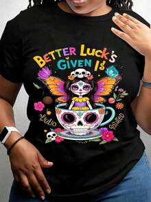 Black T-Shirt With Floral Design "Better Luck's Given 13" Of A Cute Day Of The Dead Sugar Skull Girl In A Teacup, Ideal For Halloween Parties And Casual Wear, 100% Cotton. - 黑色 - 查看 6