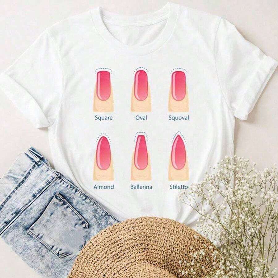 COOL SUMMER Women's Short Sleeve Camisole With Letter And Nail Art Design, Cute And Charming, Fashionable Casual Clothing For Women, Summer Graphic Camisole, Breathable And Comfortable - 白色 8 - 查看 1