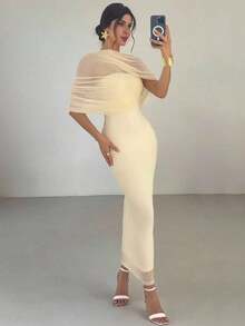 sfvsFirerie Vestido largo elegante y romántico con cuello de volantes sólido amarillo, cintura plisada asimétrica, ajustado, apropiado para la playa, el aeropuerto, las vacaciones y el trabajovfdw VUVN - Albaricoque - Ver 5
