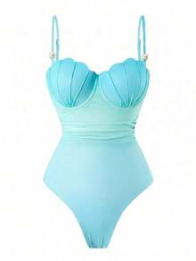 Swim Oasis Conjunto de traje de baño de 2 piezas de moda alta para mujer con falda ajustado con abertura lateral fruncida, ajustable con doble tirante y diseño de concha con degradado de color para primavera/verano - verde menta - Ver 3
