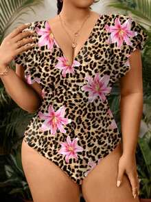 Swim Lushoire Traje de baño de una pieza con mangas plisadas y unicolor para mujer talla grande, verano 2025 - Negro - Ver 4