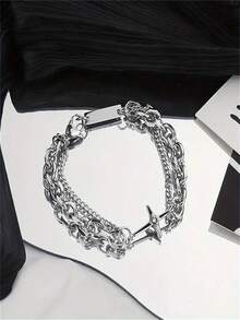1pc Vintage Fashion Bracelet, Hip-Hop Style Cross Pendant, Suitable For Daily Wear Halloween Fathers Day Gift School Jewelry Men Y2k Accessories Goth Chains Jeans Accessories Gothic Jewellery Back To School Street Halloween Accessories Punk - Silver - View 5