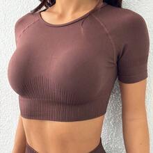 guang zhou mi qian shang mao  Conjunto deportivo de top corto y shorts sin costuras para mujer - Marrón - Ver 6