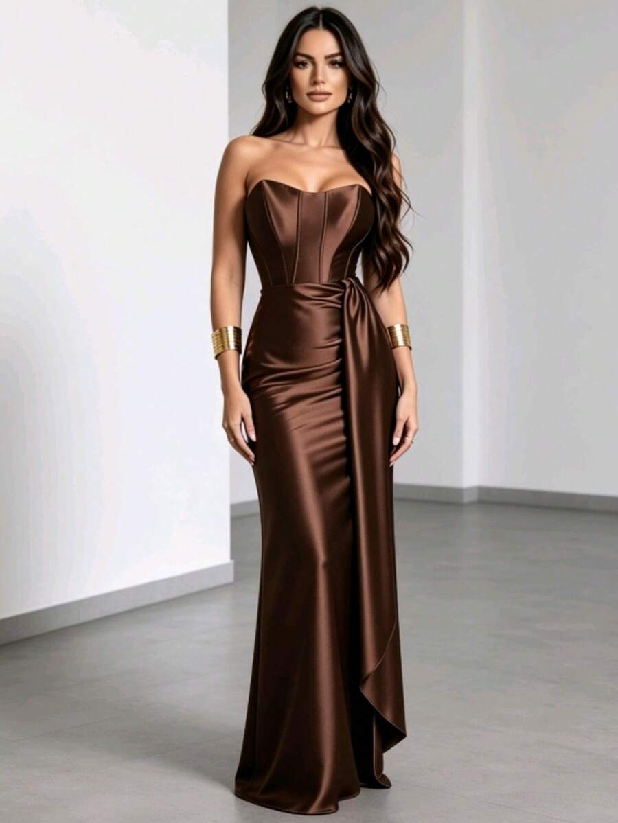 Satin Dress For Parties And Special Occasions, Strapless, Elegant - 鏽棕色 - 查看 1