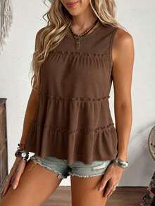 Chaleco holgado de mujer con cuello redondo y ribete de volantes en unicolor, adecuado para vacaciones, oficina, uso diario, estilo occidental, estilo bohemio, babydoll - Negro - Ver 11