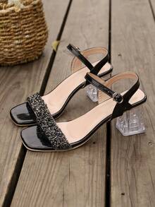 Glittering Rhinestone-Studded Heeled Sandals For Teens - Gold & Clear Strappy Party Shoes - Black - View 9