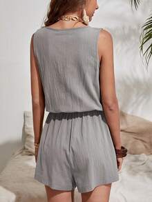 Casual Jumpsuit With Center Metal Zipper, Elastic Waist, Easy, Versatile, Basic, Comfortable, Vacation Style, Women's Jumpsuit With V-Neck, Solid Color Zip-Up Top And Shorts - 深灰色 - 查看 2