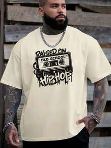 Raised In The Old School Hip Hop 2025 Summer Outdoor Sports And Casual Short Sleeve T-Shirt For Latest Fashion Men's Oversized Printed T-Shirt Loose Base Shirt Versatile Crew Neck Top Breathable And Comfortable, PLUS SIZE - 卡其色 - 查看 1