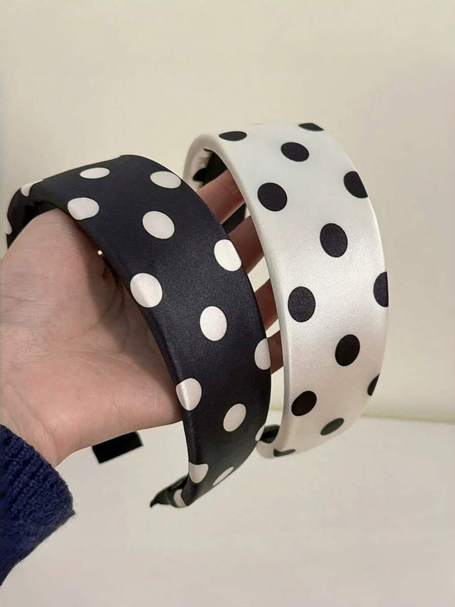 2件組波點緞面寬版防滑女款髮箍,黑白復古髮飾,適合日常配戴與派對髮箍 - 彩色 - 查看 1