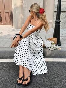 PariChic Vestido de tirantes con estampado de lunares al estilo francés para vacaciones y uso casual, primavera/verano - Blanco - Ver 3