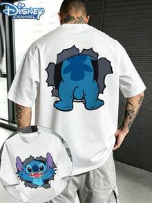 Disney Stitch Cracked Fabric Printed Short Sleeve T-Shirt, Disney Cartoon Printed Short Sleeve T-Shirt, Double-Sided Printed Design, Disney Star Baby Stitch Theme Short Sleeve, Men's Summer Short Sleeve Top, High-Quality Cotton Short Sleeve T-Shirt, Summer Loose Casual Pocket Short Sleeve, Universal For Men And Women, Disney Fan Must-Have, Disneyland Travel Dress, Couples, Everyday Wear, Street Wear, Vacation Wear, Campus Wear - 白色 - 查看 1