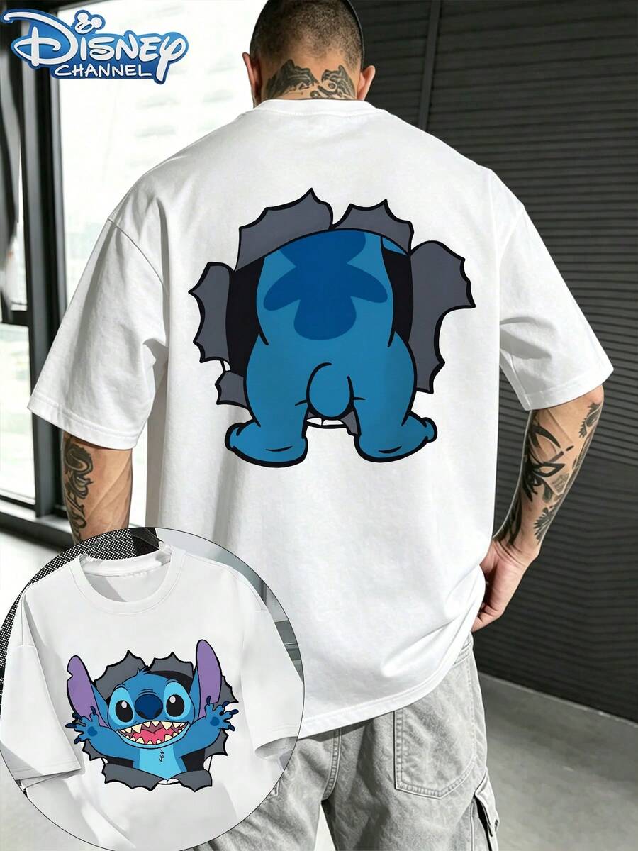 Disney Stitch Cracked Fabric Printed Short Sleeve T-Shirt, Disney Cartoon Printed Short Sleeve T-Shirt, Double-Sided Printed Design, Disney Star Baby Stitch Theme Short Sleeve, Men's Summer Short Sleeve Top, High-Quality Cotton Short Sleeve T-Shirt, Summer Loose Casual Pocket Short Sleeve, Universal For Men And Women, Disney Fan Must-Have, Disneyland Travel Dress, Couples, Everyday Wear, Street Wear, Vacation Wear, Campus Wear - 白色 - 查看 1