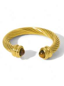 1pc 18K Gold Plated Stainless Steel Natural Stone Decor Open Ring, Suitable For Women's Daily And Party Wear, Gift - Gold - View 11