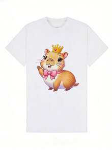New In 2026 Girls' Summer Short Sleeve T-Shirt With Capybara Applique And Pink Bow. - Karlotta Capybara Print Round Neck Casual Blouse. For Parties And Casual Outfits NY-DX7357 In Spanish Girls' T-Shirt, Kids' T-Shirt, Cotton T-Shirt, Printed T-Shirts - 白色 - 查看 9
