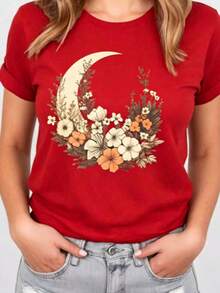 Y2K Style, Fashionable Style, 2026 Newest, Cute Style, Casual Style. Women's Short-Sleeved T-Shirt With Moon And Flower Print For Summer, Casual Graphic Shirts For Women, 180g (S-XXXL) - 紅色 - 查看 9
