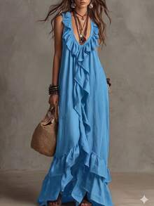 Elegant Vintage Bohemian V-Neck Short Dress With Ruffles - Blue - View 6