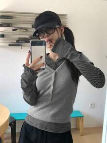 Korean Style V-Neck Button Striped Patchwork Hooded Long Sleeve 2 Pieces T-Shirt Set For Women Elegant Summer - Grey - View 2