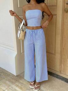 Conjunto casual de top bandeau a rayas y pantalones largos con cordón en la cintura para mujer - Azul - Ver 5