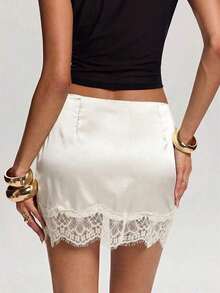 Minifalda elegante de mujer con parches de encaje y cintura con lazo, para verano - Albaricoque - Ver 2