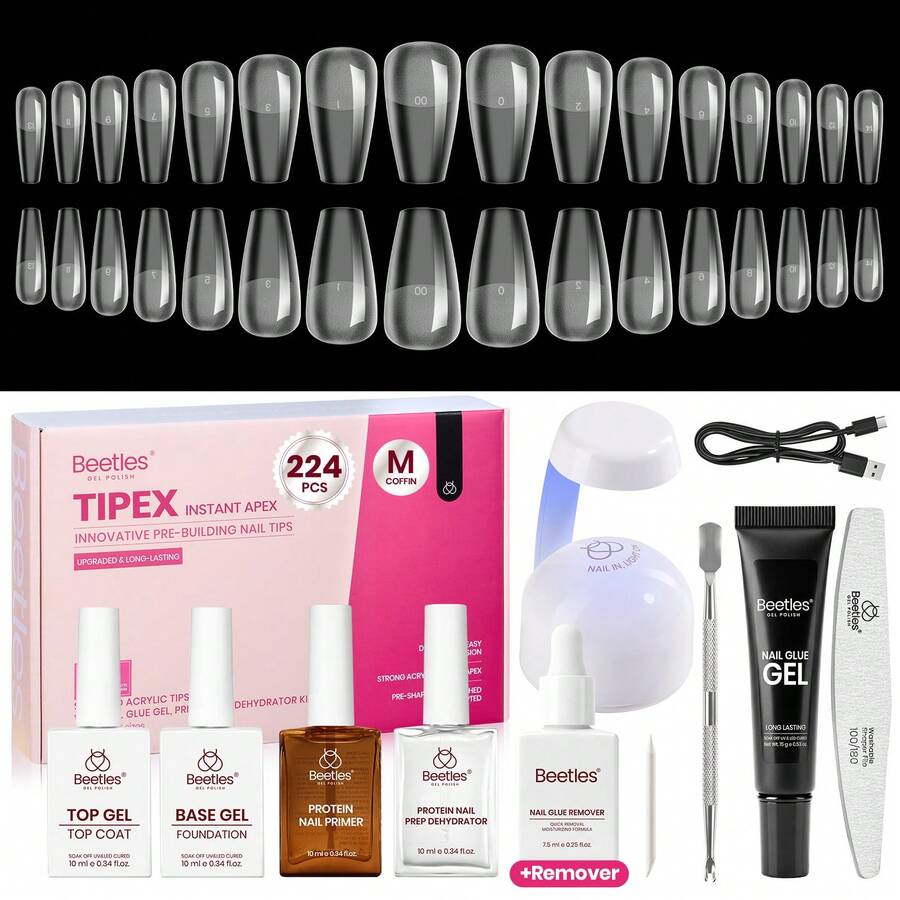 Beetles 224Pcs Tipex Instant Apex Nail Tips Kit, Reinforced Apex Strong Long-Lasting, 20g Solid Nail Glue, Mini UV Lamp Base & Top Coat Manicure Set - Medium Coffin - View 1