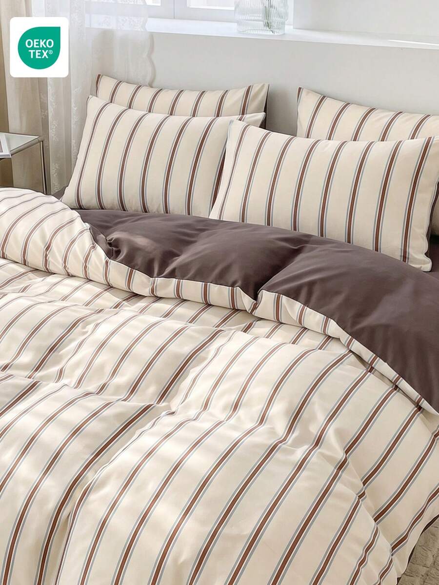 2/3pcs Duvet Cover Set, Home Textiles, Minimalist Style, Brown And Blue Stripes, Comfortable And Breathable Bedding Set, Soft And Anti-Pilling, Duvet Insert Not Included, Suitable For All Sizes Of Large And Small Beds, Suitable For All Seasons, Interior Decor, Oeko-Tex Certified