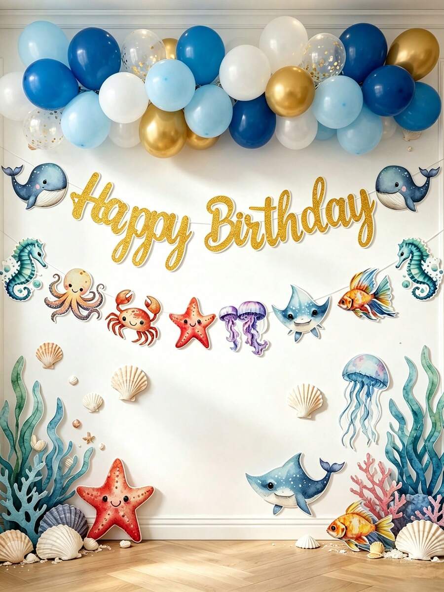1組海洋主題生日快樂橫幅裝飾，海洋生物圖案生日派對橫幅，海洋生日派對裝飾，1歲生日橫幅，嬰兒洗禮裝飾，生日派對用品，水下世界生日派對背景裝飾，美人魚派對裝飾