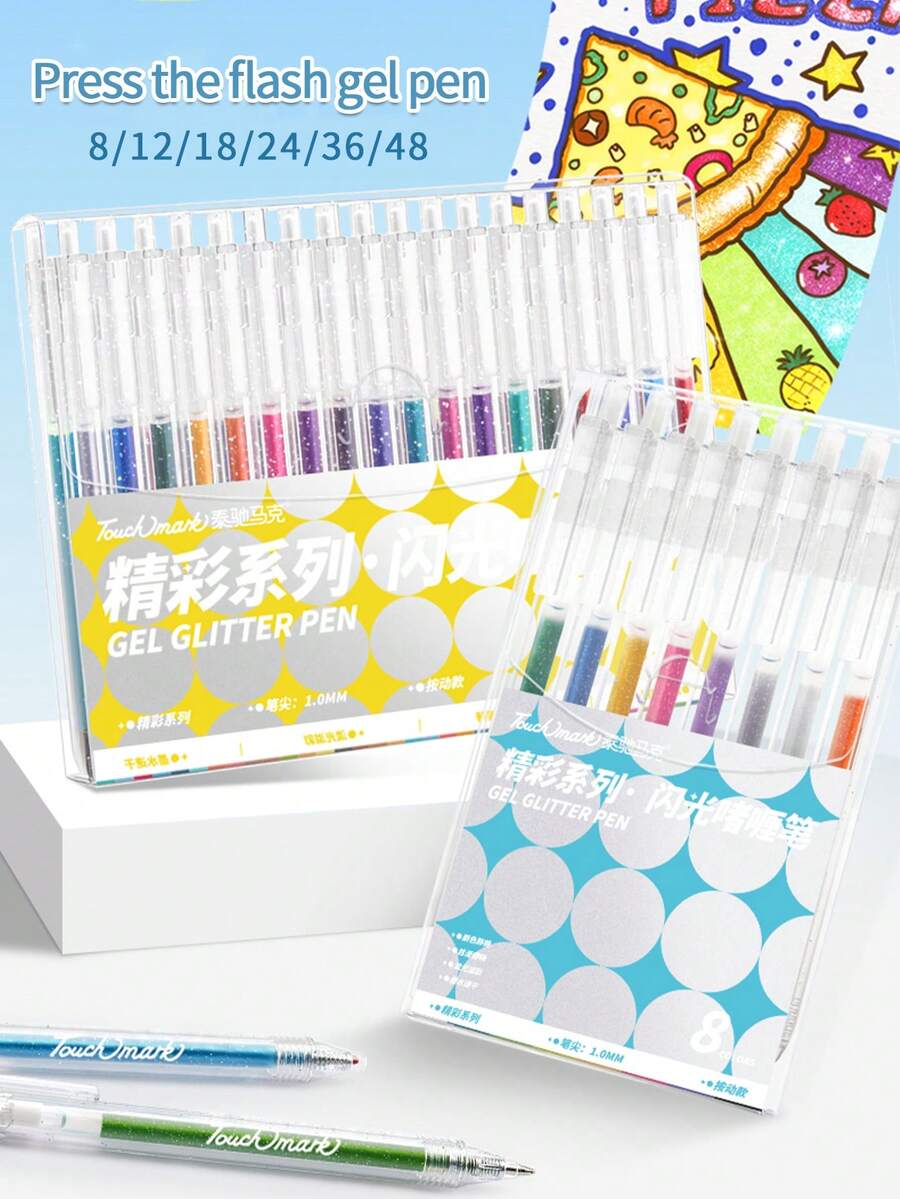 8/12/18/24/36/48色闪光凝胶笔,1.0毫米笔尖,金属闪光凝胶笔,按压式闪光效果,适用于写日记、涂鸦、绘画、记笔记、制作贺卡、学校项目等,是送给男孩/女孩学生、返校季和教师奖励的绝佳礼物。 - 套裝 - 查看 1