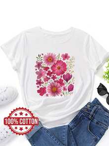 Women's Casual Cotton Sports T-Shirt In White With Colorful Floral Design - Elastic Round Neck T-Shirt, Machine Washable, Comfortable Fit For All Seasons, Perfect For Daily Activities And Leisure. - 白色 - 查看 7