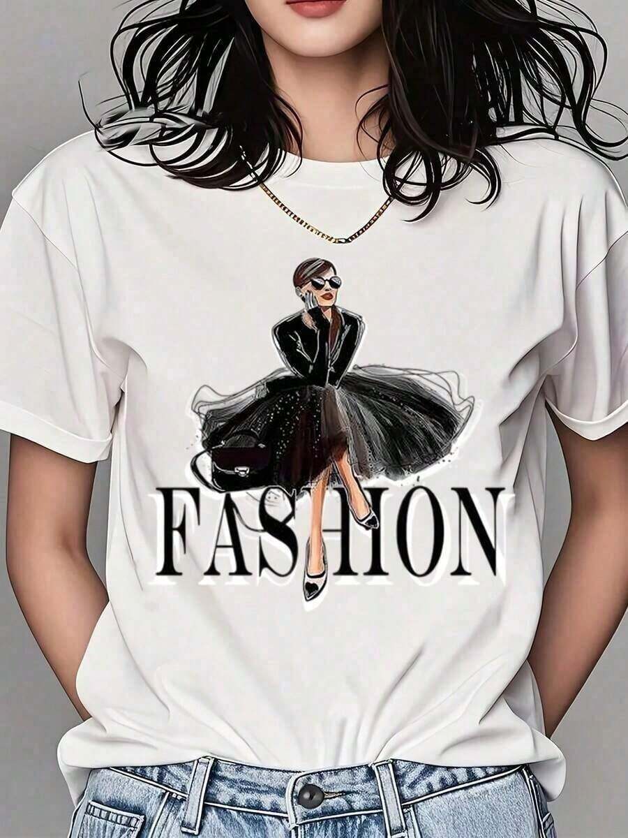 Women's Fashion Graphic Print Short Sleeve T-Shirt 2026 Summer Clothes Women's Round Neck T-Shirt Fashion Women's Graphic Print T-Shirt On Black Dress Casual Short Sleeve T-Shirt For Everyday Wear In Summer And Spring Loose And Comfortable Summer T-Shirts Comfortable And Simple Short Sleeve T-Shirt For Everyday Wear - 白色 - 查看 1