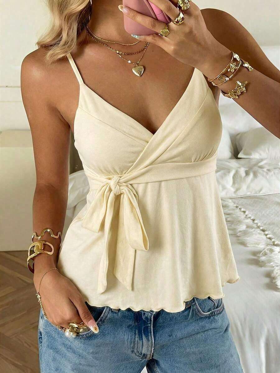Camiseta de tirantes casual y versátil con estampado de lunares y detalle de nudo para mujer - Albaricoque - Ver 1