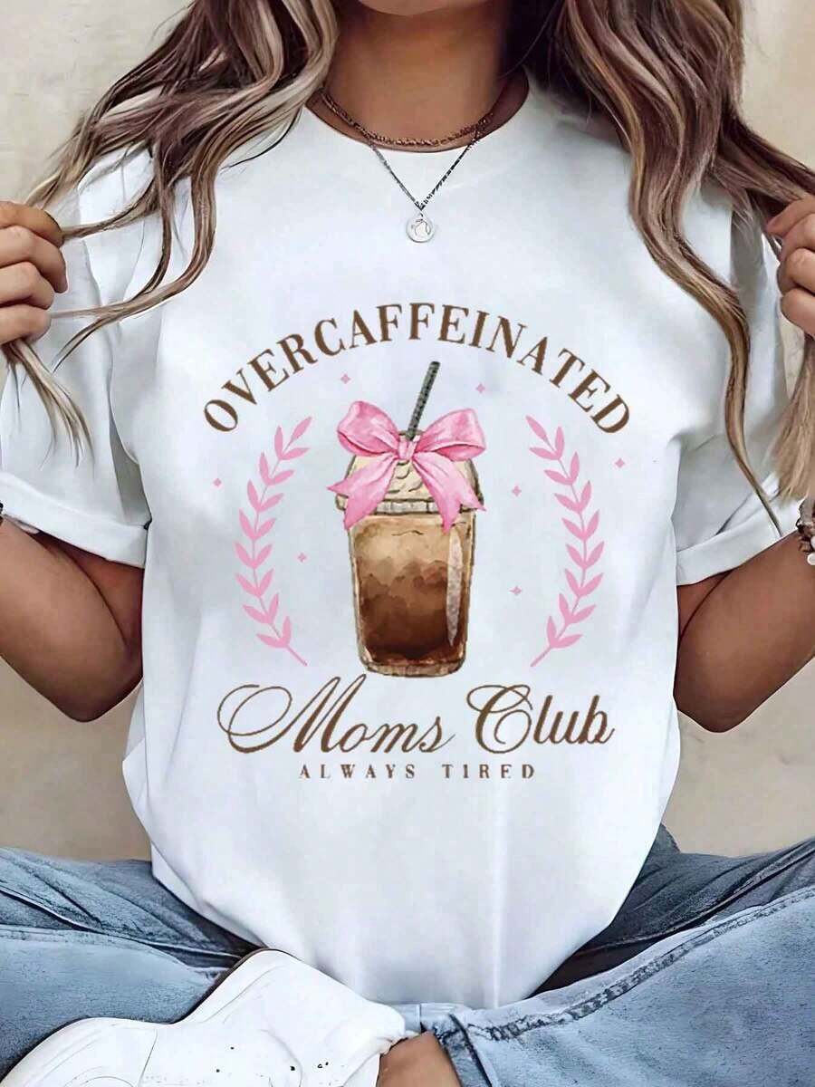 Women's T-Shirt With 'Overcaffeinated Moms Club Always Tired' Print, Coffee Jar Design With Pink Bow, Round Neck, Regular Fit, Casual Women's Clothing, Gift Idea, 220g, Loose Fit Blouse - 白色 - 查看 1